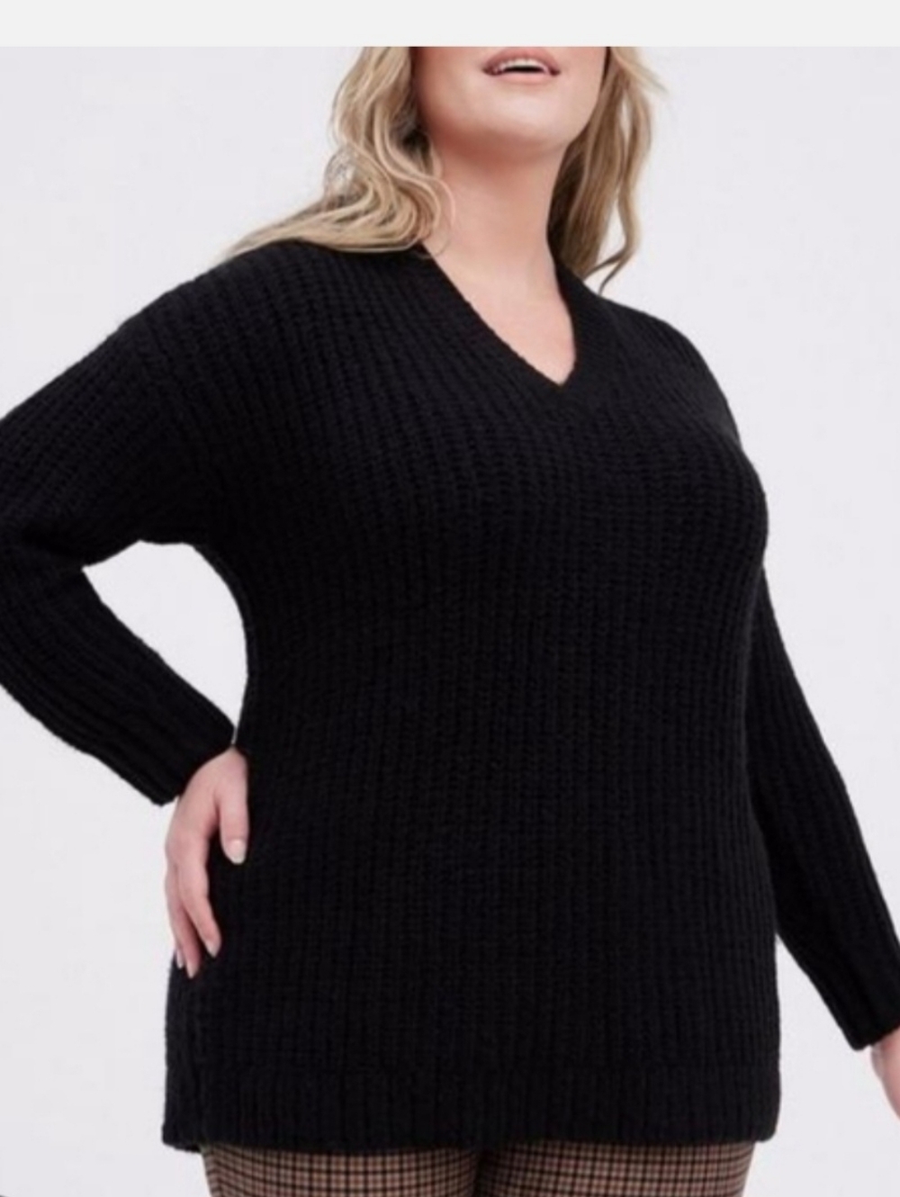 Black V-Neck Ribbed Knit Sweater - Women's Sz 1X